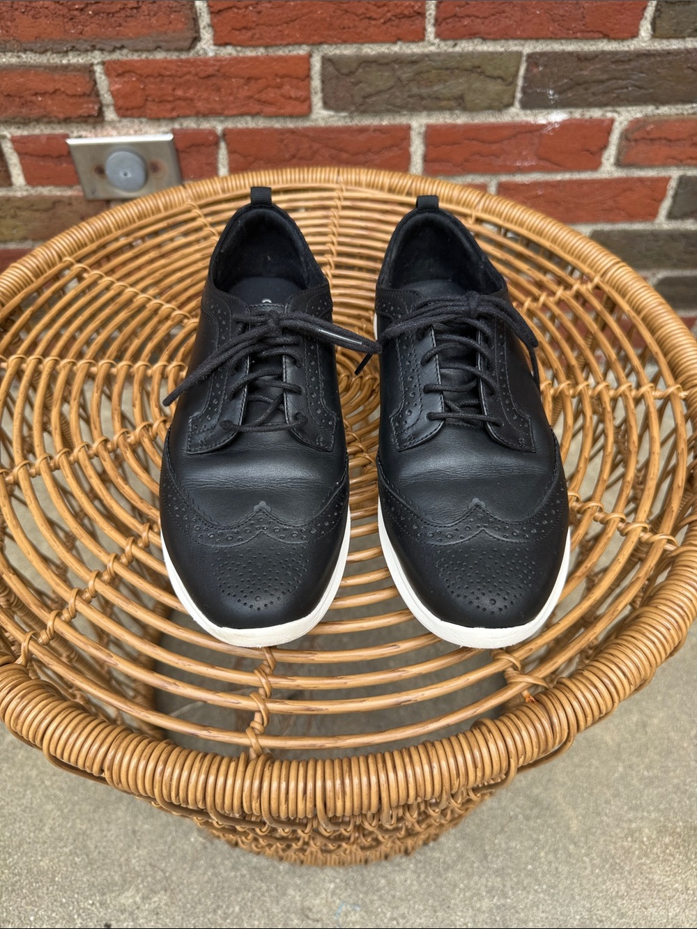 Cole Haan Black Leather Wingtip Oxfords with White Sole